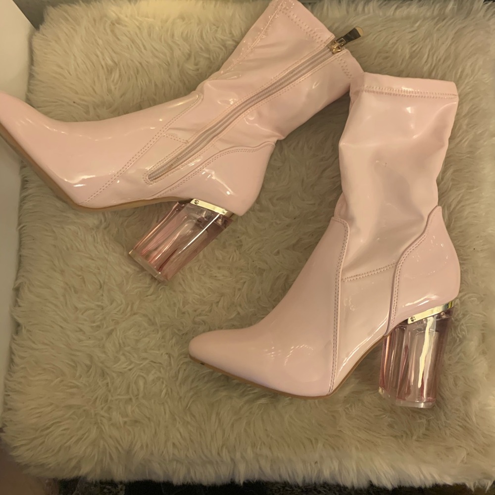 Pale pink clear heeled booties